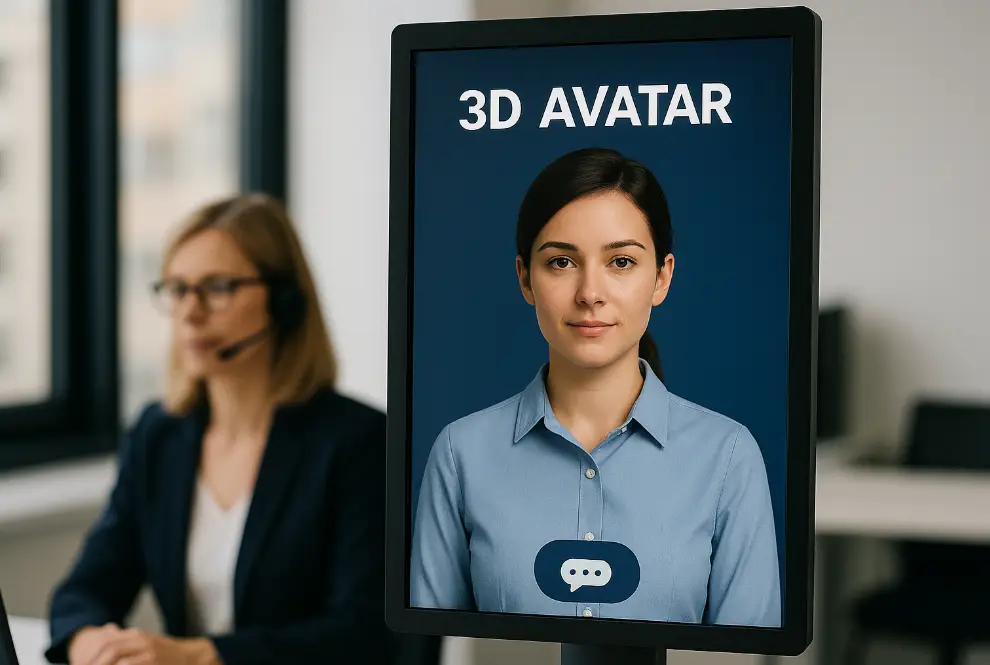 3D AI Ügyintéző avatár digitális recepcióként érintőkijelzőn