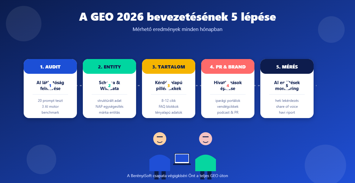GEO 2026 bevezetési folyamata 5 lépésben: audit, entity, tartalom, PR, mérés – BerényiSoft Kft.