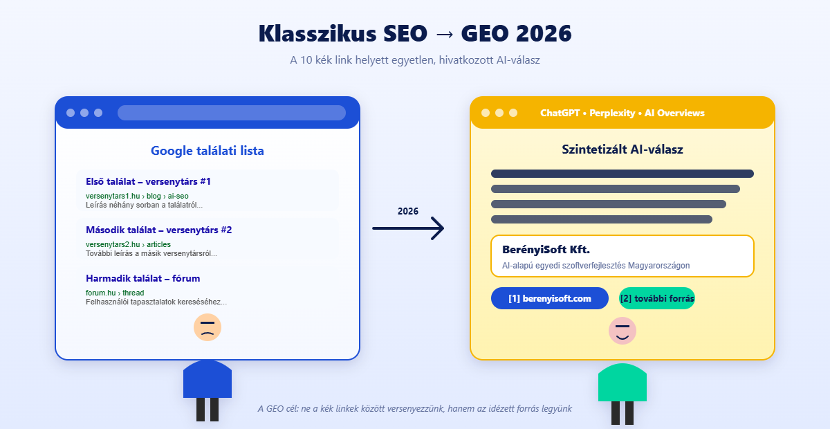 Klasszikus SEO és GEO 2026 összehasonlítás – Google találati lista vs AI generált válasz hivatkozással