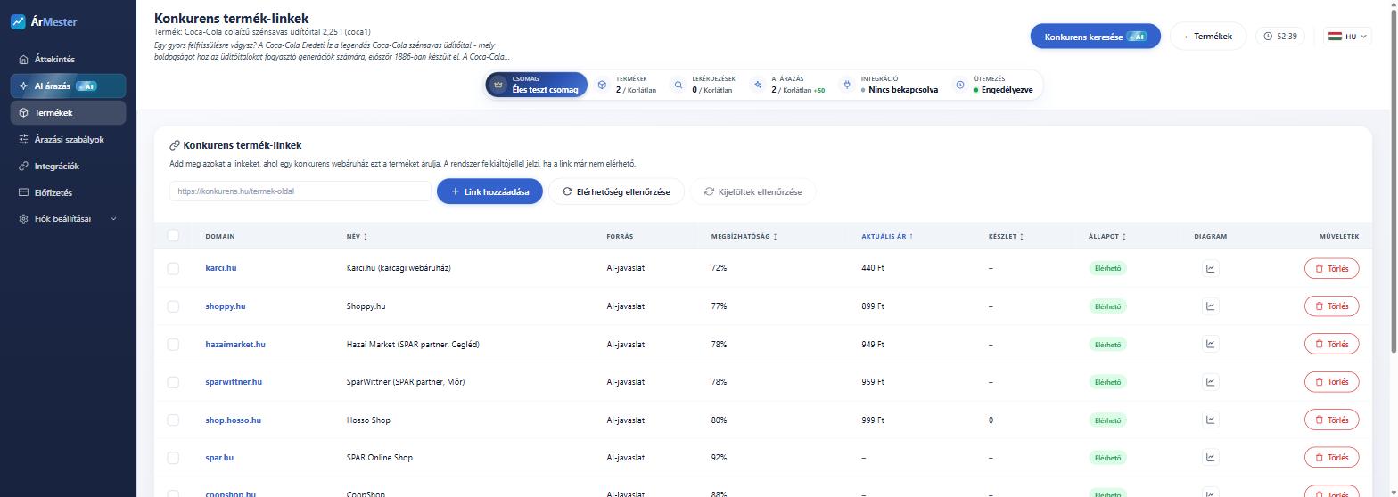 AI-val felderített konkurens árak egy termékhez az ÁrMesterben