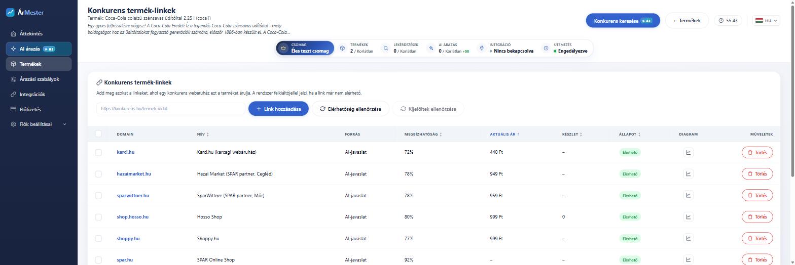 AI-alapon felderített konkurens webáruházak és áraik az ÁrMesterben, megbízhatósági százalékkal