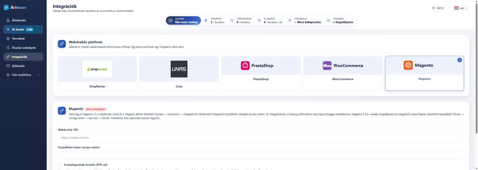 Integrációk oldal az ÁrMesterben a Magento platform kiválasztásával