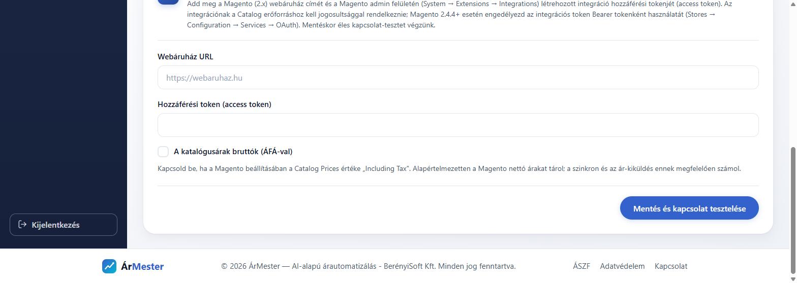 Magento hozzáférési token mező és a bruttó árakat jelző kapcsoló az ÁrMesterben