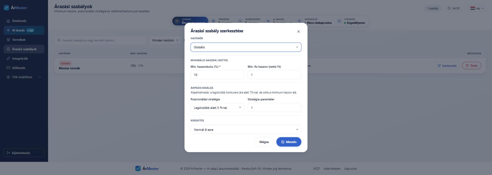 Árazási szabály az ÁrMesterben – minimális haszonkulcs és fix minimum haszon