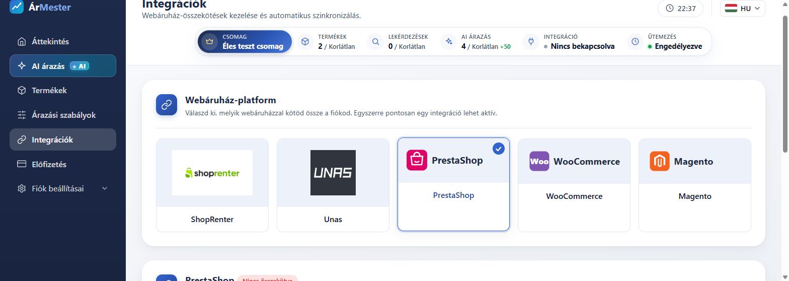 Integrációk oldal az ÁrMesterben a PrestaShop platform kiválasztásával