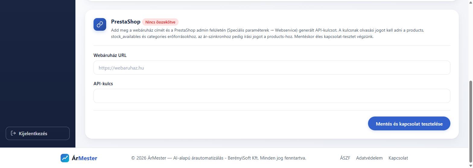 PrestaShop webáruház URL és API-kulcs mező az ÁrMester integrációs oldalán