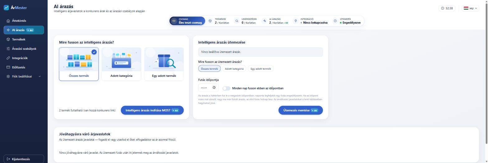 Ütemezett automata árazás beállítása az ÁrMesterben – napi automatikus futás és jóváhagyásra váró árjavaslatok