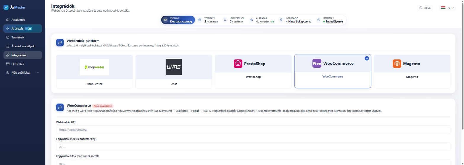 Integrációk oldal az ÁrMesterben a WooCommerce platform kiválasztásával